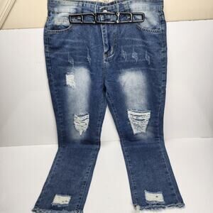 Women's Blue Curvy Stretchy Destroyed Denim Capri 5 Pocket Cuffed Jeans Size L